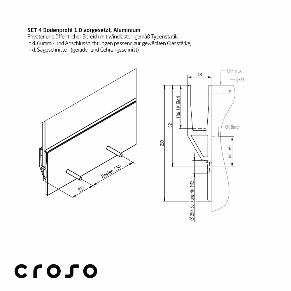 Ganzglas-Systemgeländer von Croso - System 1.0 - System 1.0 vorgesetztes Profil
