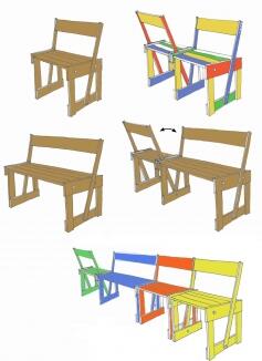 Farbige Sitzbänke deren Rückenlehne beweglich ist