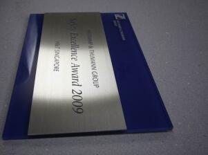 Safety Excellence Award 2009 aus Edelstahl, anlassbeschriftet auf Acrylglasträger