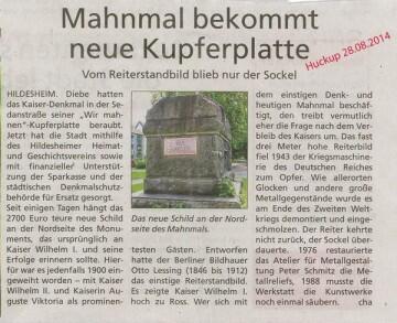 Bericht im Huckup über die Gedenktafel für das Kaiser-Wilhelm Denkmal