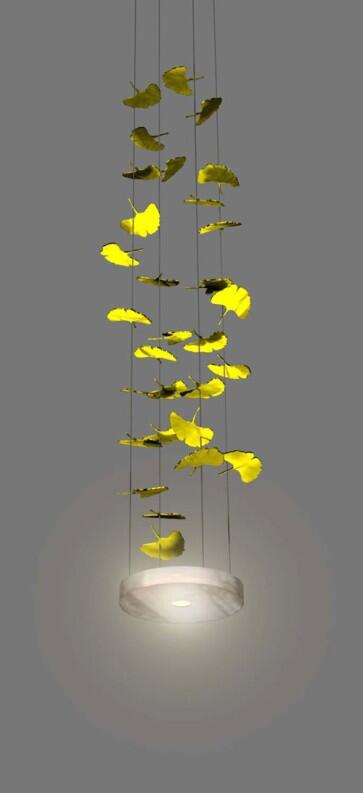 Ginkgo Leuchte - Kronleuchter mit großen, vergoldeten Ginkgo Blättern in Stahl