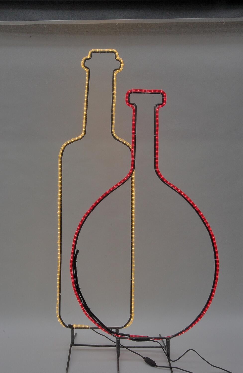 2 Leuchtende Weinflaschen aus Rundeisen und und LED Lichtschlauch auf einem Ständer